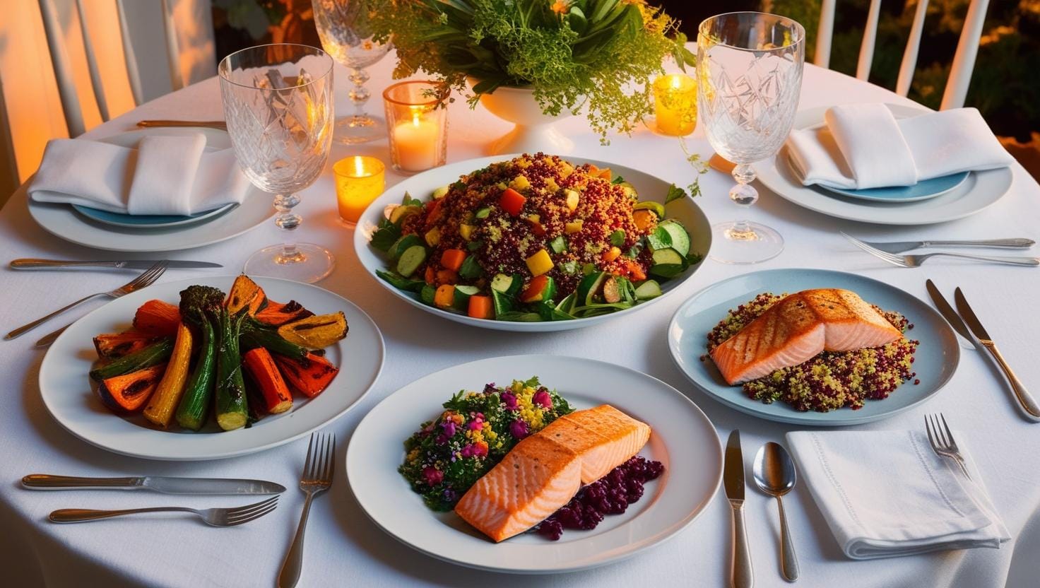 A beautifully plated meal with healthy, colorful dishes ready for a busy weeknight.