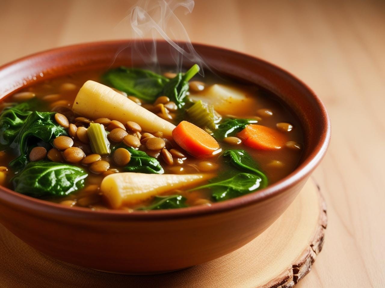 A bowl of hearty lentil soup with greens and root veggies