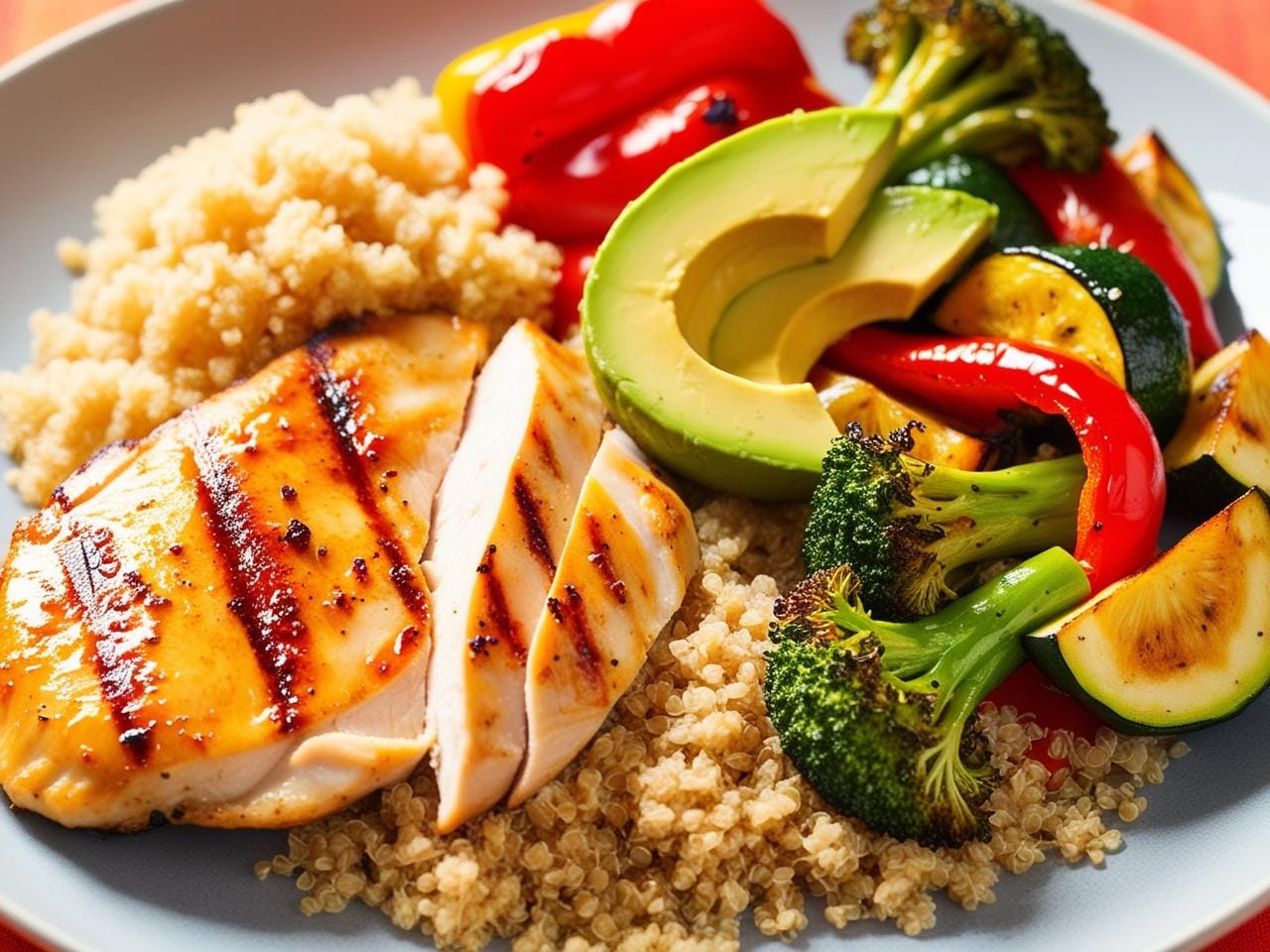 A balanced meal with protein, carbs, fats, and fiber