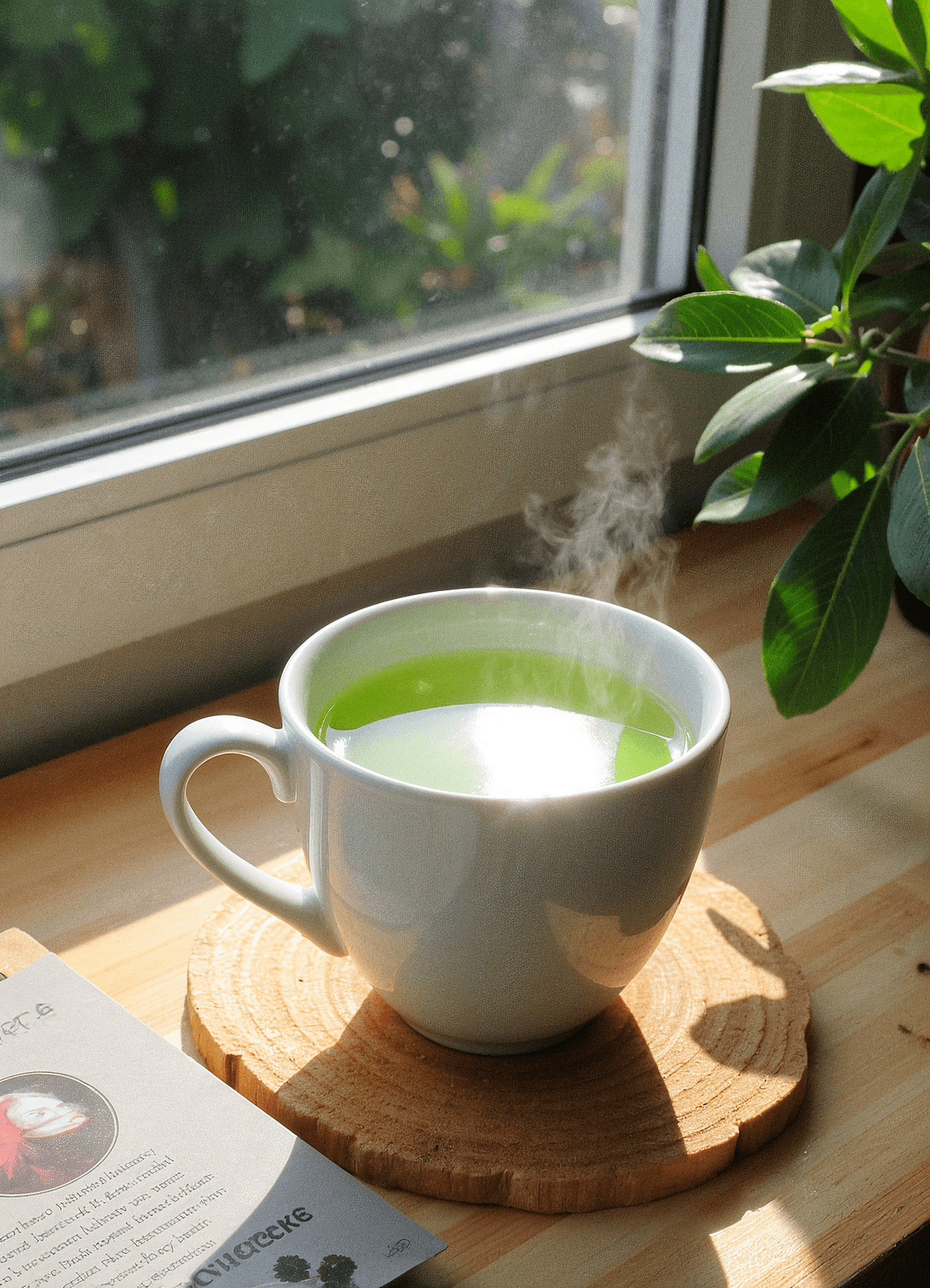 A steaming cup of green tea placed in sunlight, creating a warm and calming atmosphere.