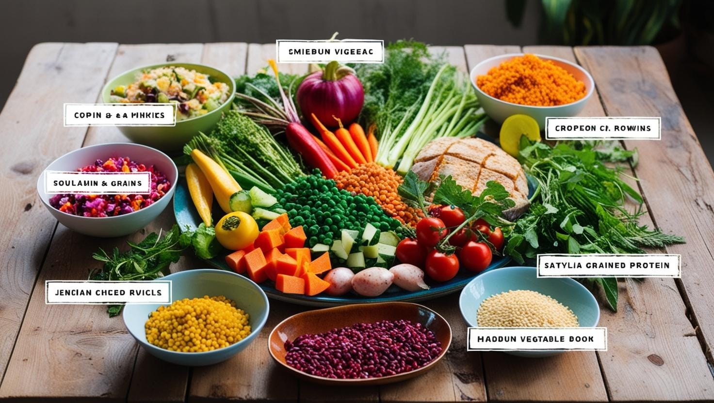 A variety of colorful vegetables, grains, and proteins displayed on a wooden table