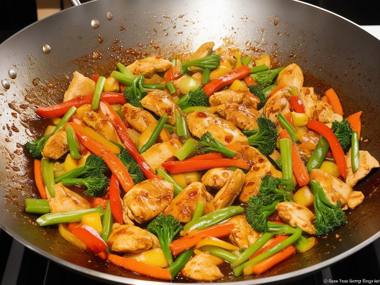 Chicken stir-fry with vibrant veggies in a wok