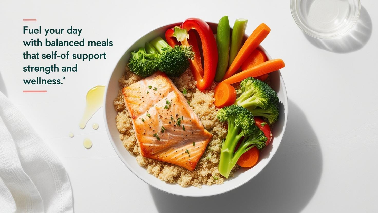 Colorful healthy meal bowl with salmon, quinoa, and fresh veggies.