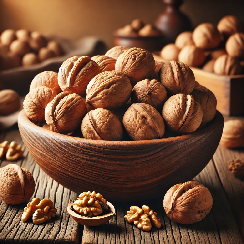 Rustic wooden bowl filled with whole walnuts and walnut halves on a wooden table