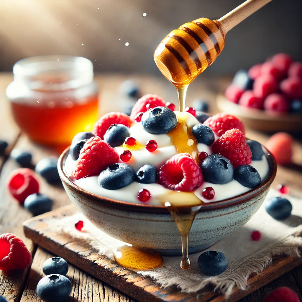 A bowl of creamy Greek yogurt topped with fresh berries and drizzled with honey.
