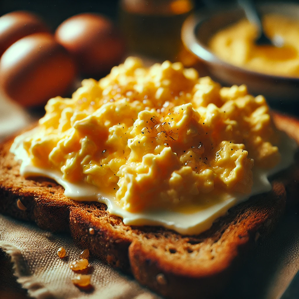 Scrambled eggs on whole-grain toast served on a rustic kitchen table, with soft, creamy eggs contrasting against golden-brown crispy toast, captured in natural light.