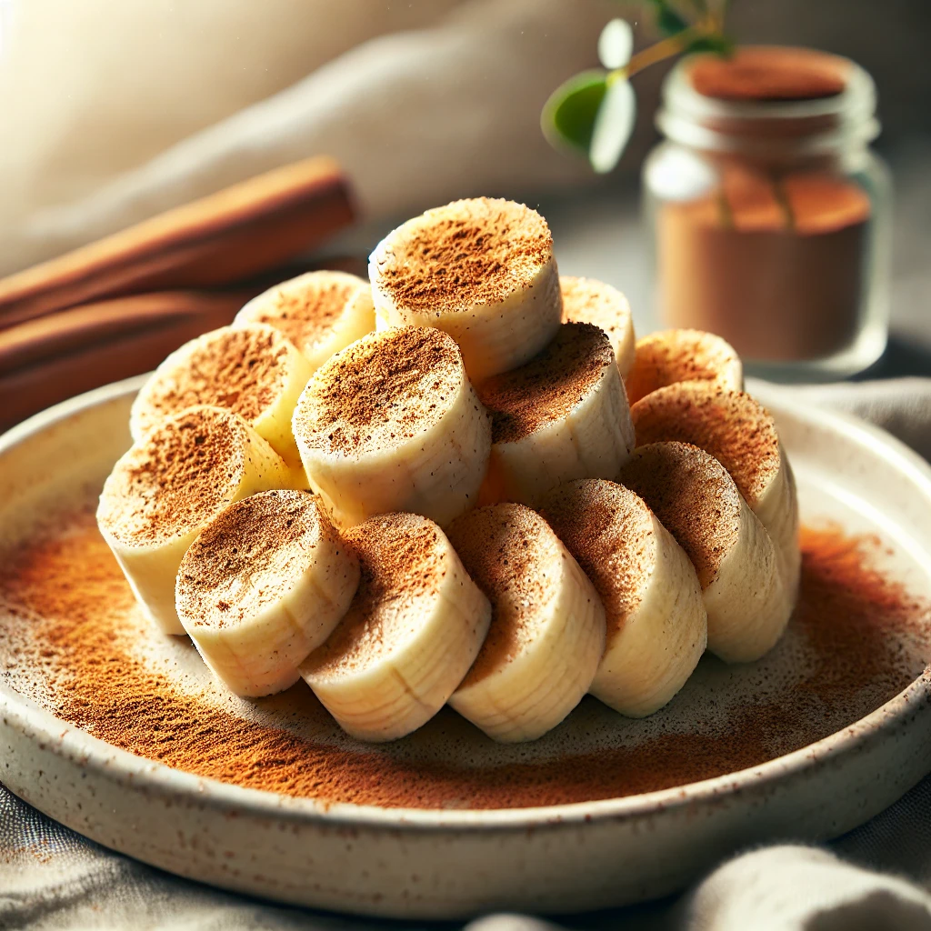 Sliced banana topped with a sprinkle of cinnamon, creating a simple and flavorful snack.