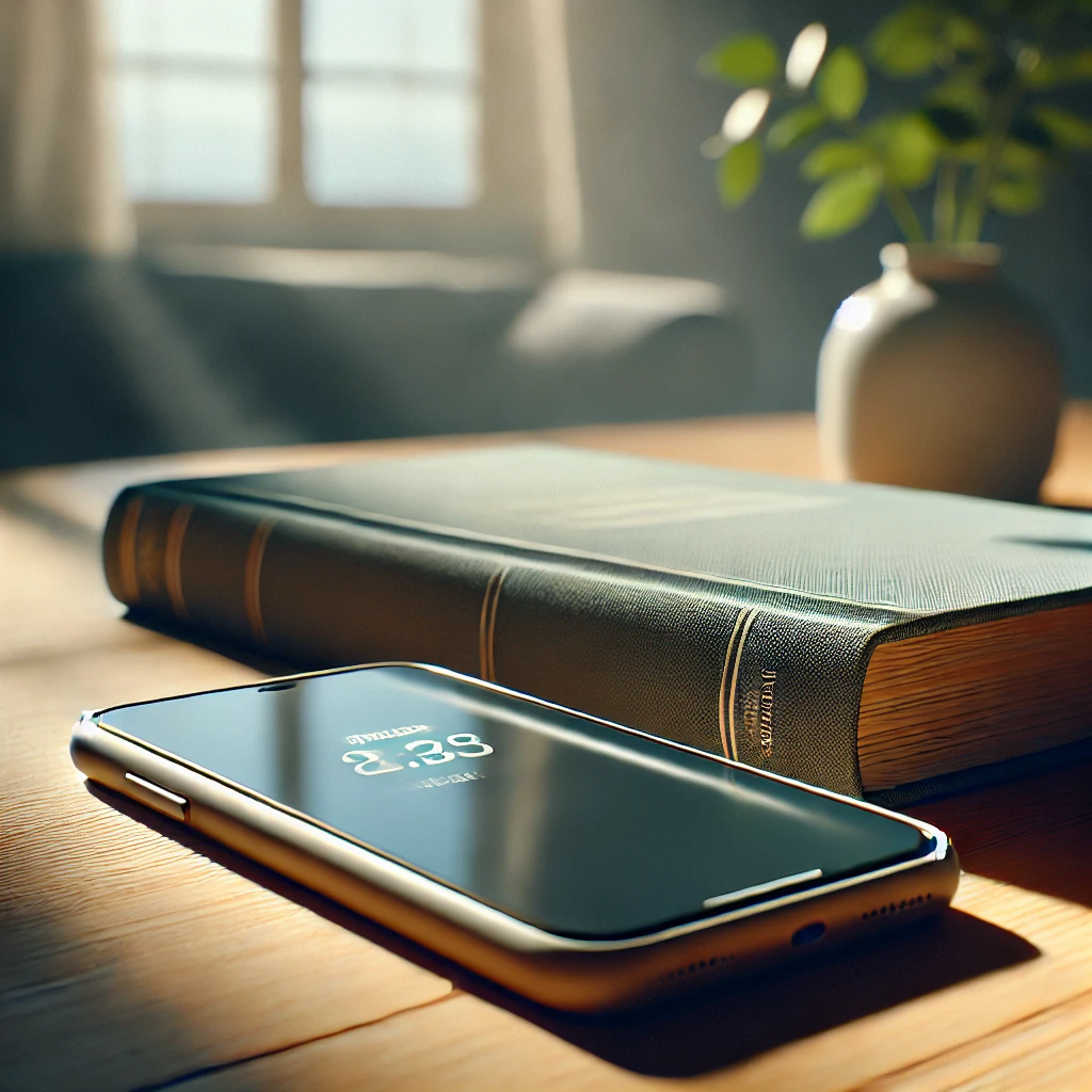 A phone placed face down next to a book on a wooden table, signaling a digital detox