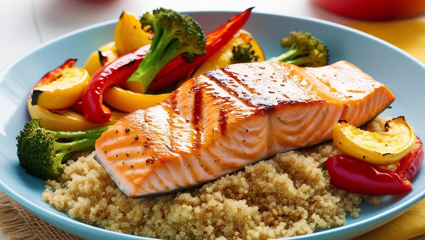Grilled salmon fillet with fluffy quinoa and colorful veggies