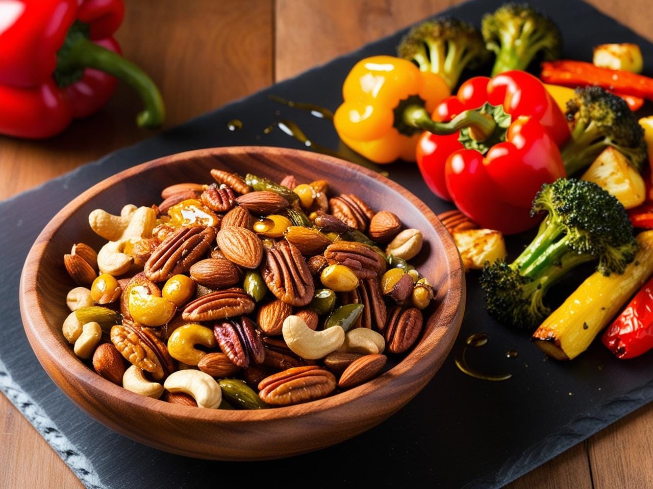  bowl of mixed nuts and olive oil for healthy fats.