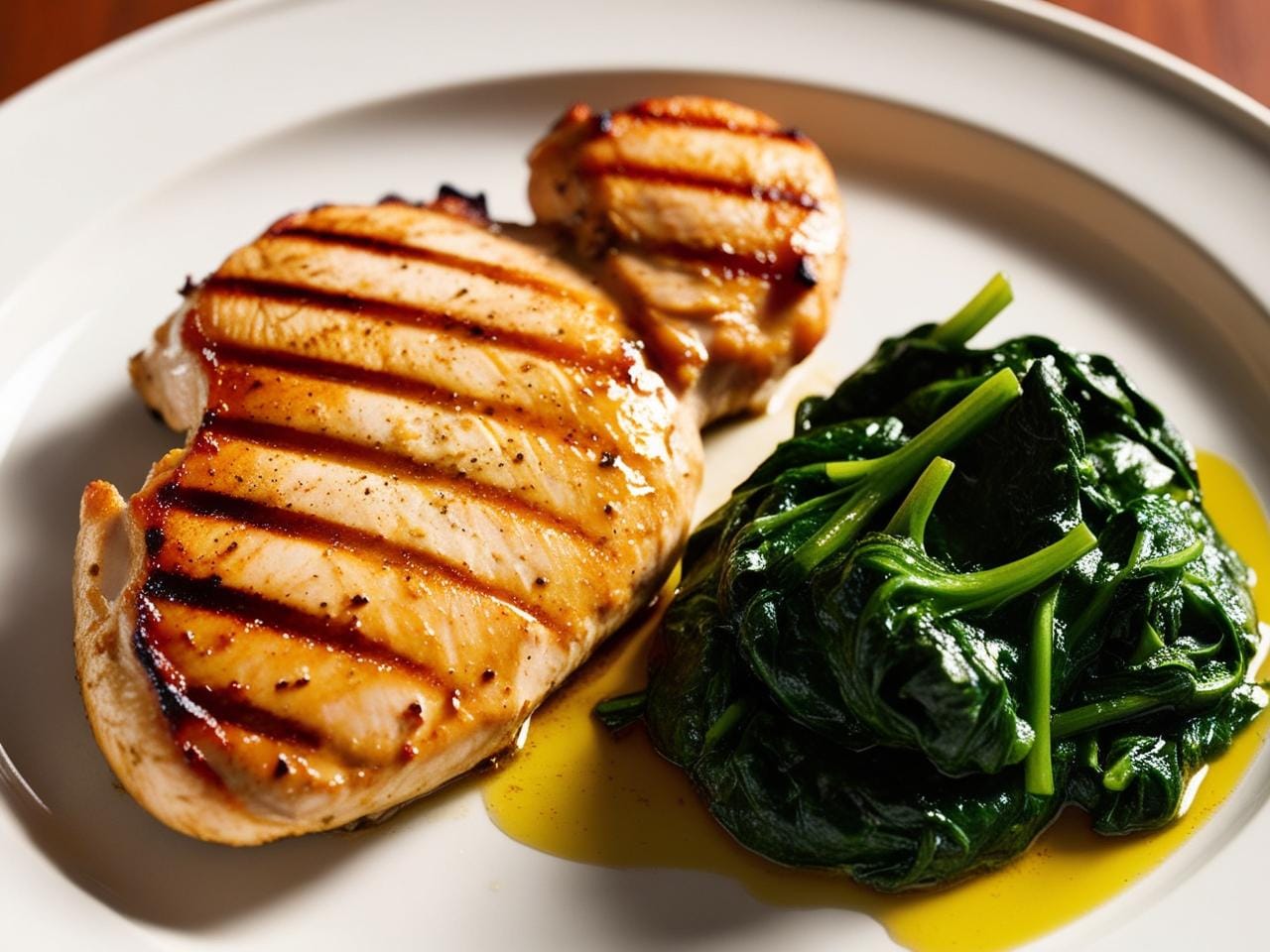 Grilled chicken and spinach plate, a lean protein source.