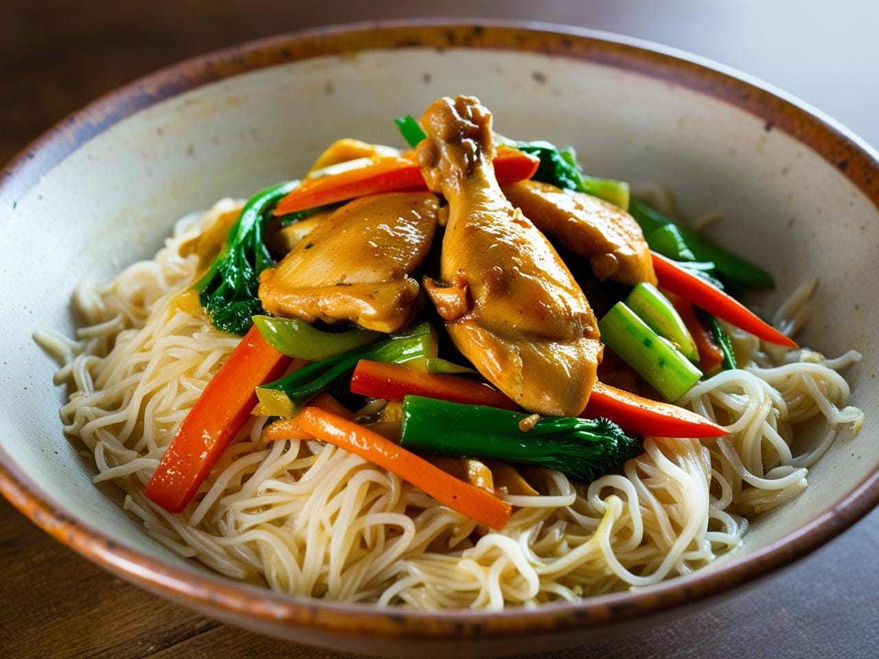 Chicken and vegetable stir-fry with rice noodles.