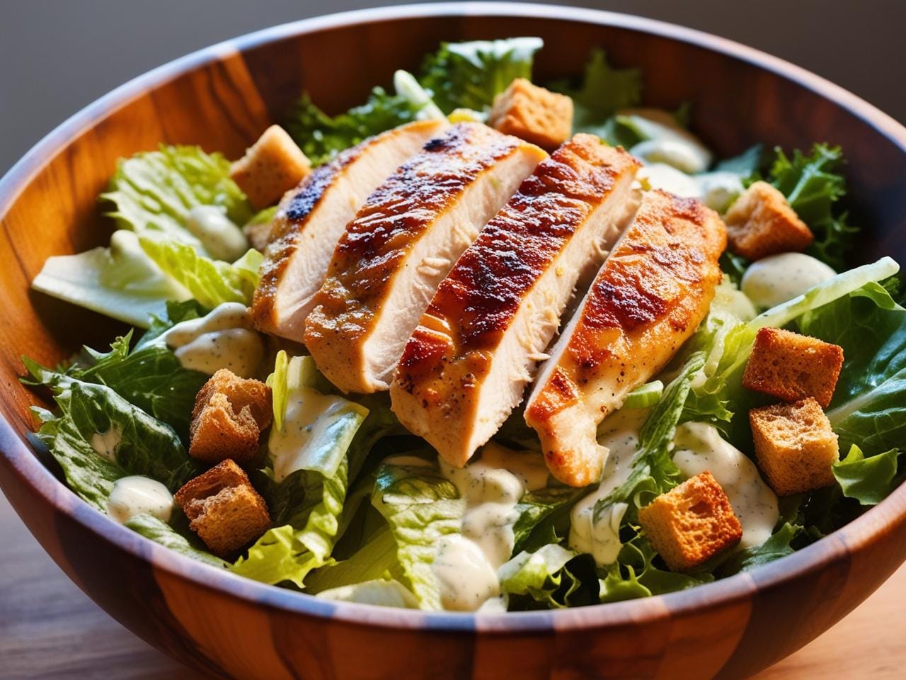 A grilled chicken Caesar salad with a yogurt-based dressing.