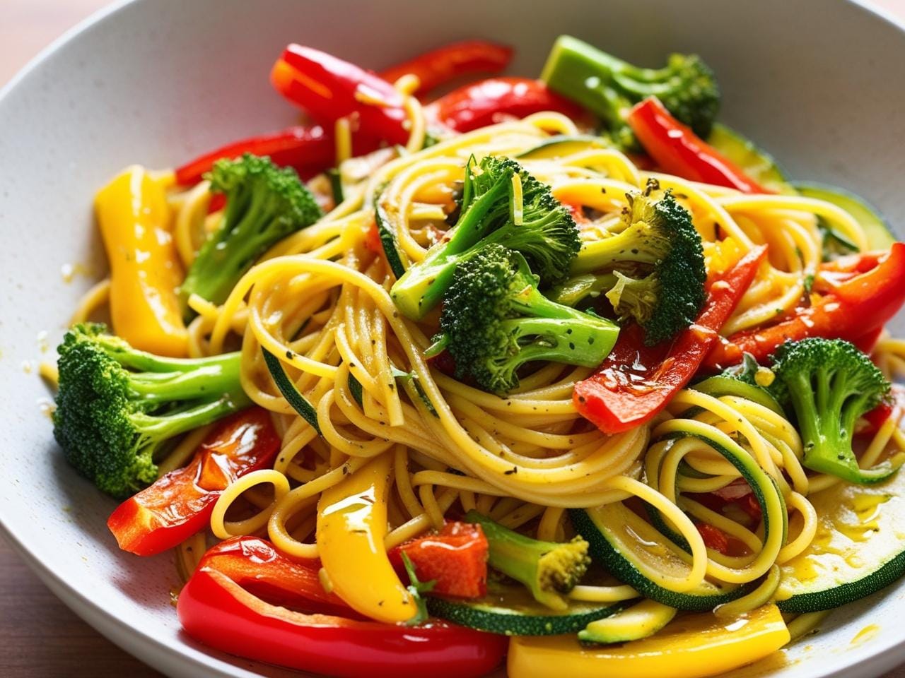 A vibrant bowl of pasta primavera with fresh vegetables.