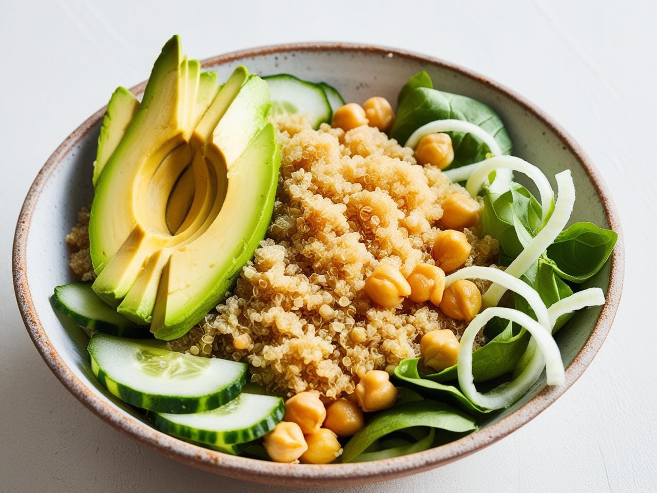 A fresh quinoa salad with chickpeas and avocado in a bowl.
