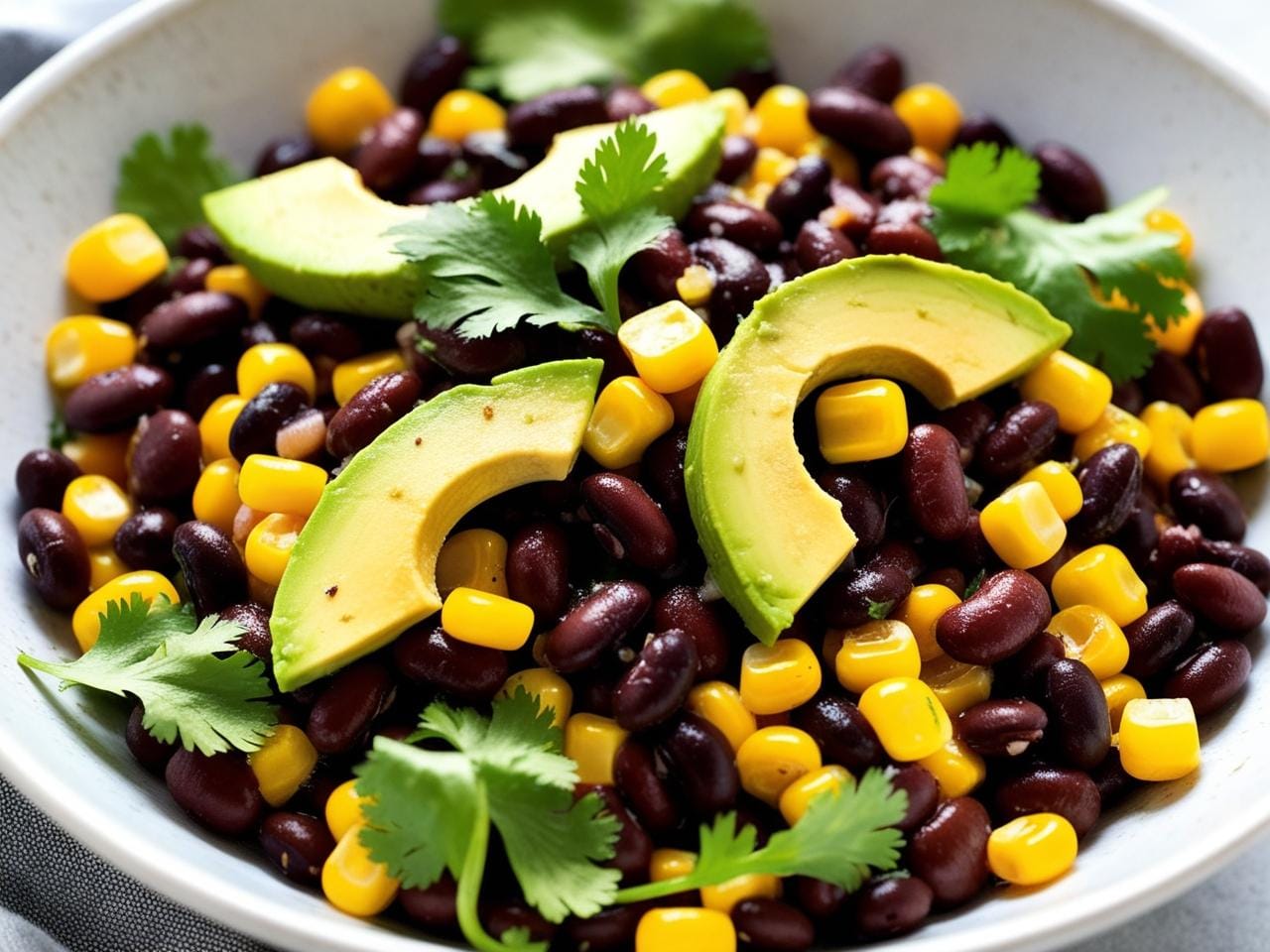 A fresh black bean and corn salad with avocado and cilantro.