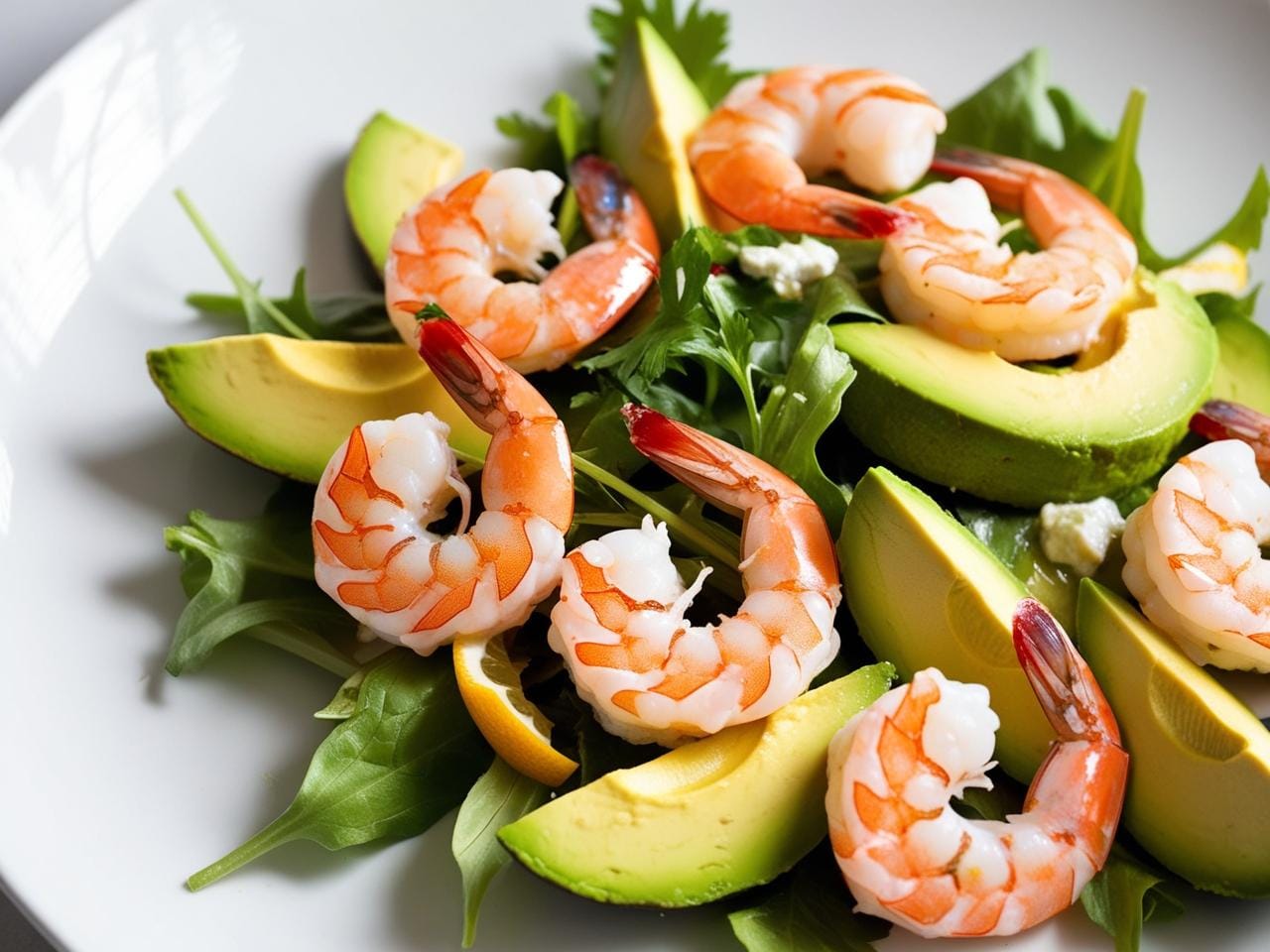 Shrimp and avocado salad with mixed greens and lime dressing.