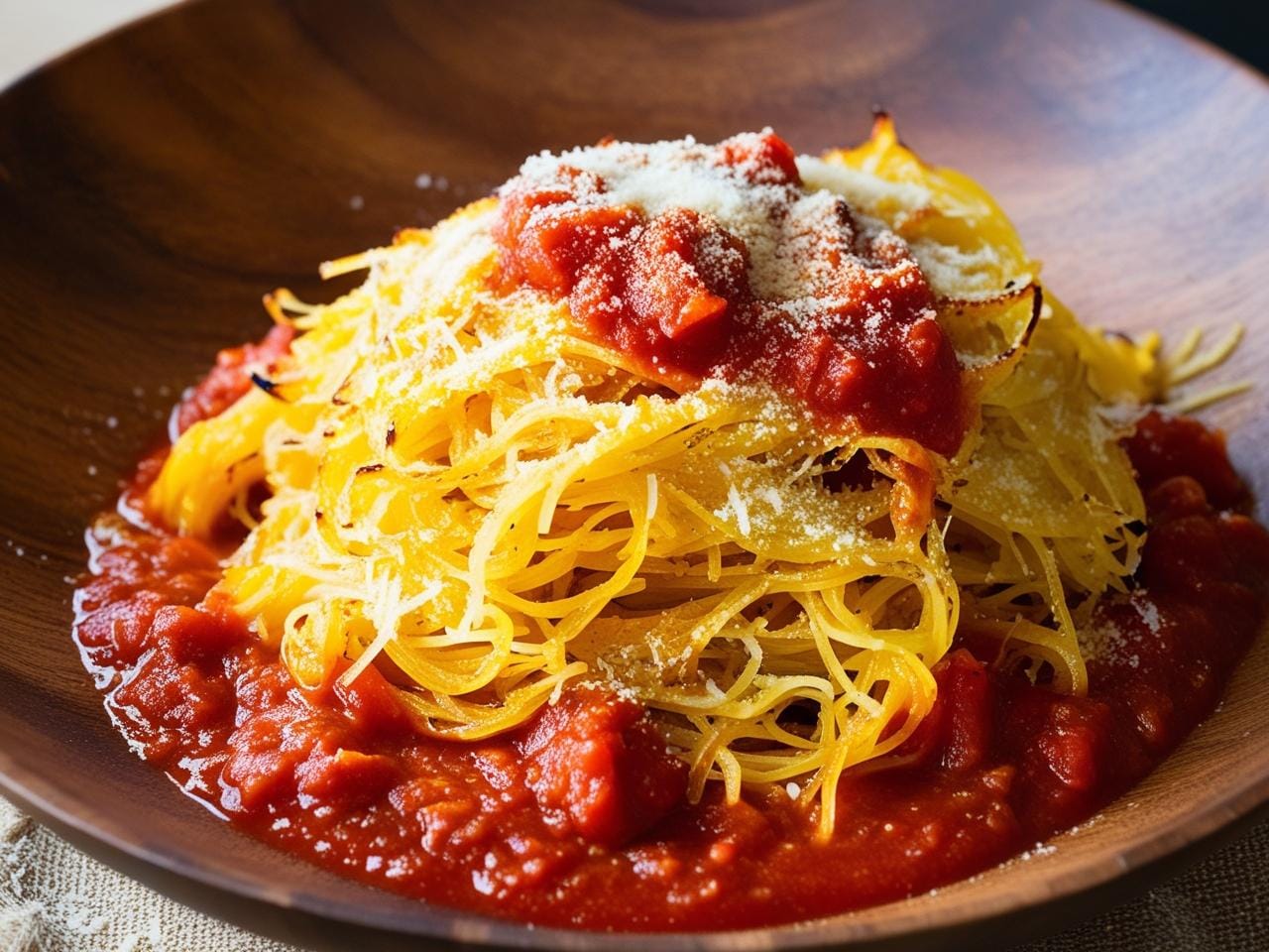 A plate of spaghetti squash topped with marinara sauce and Parmesan.