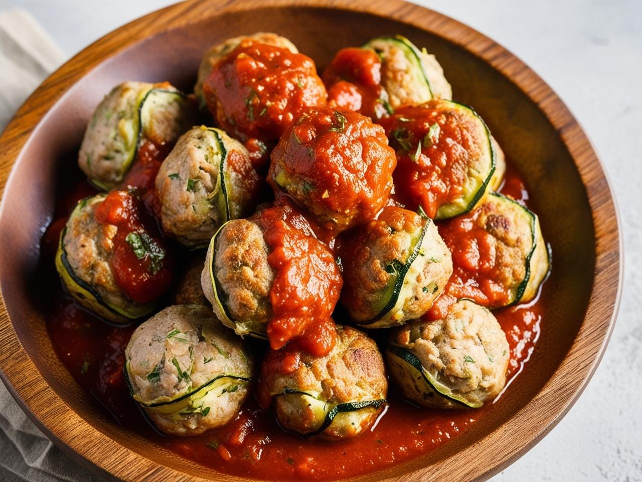 Turkey and zucchini meatballs served with marinara sauce.