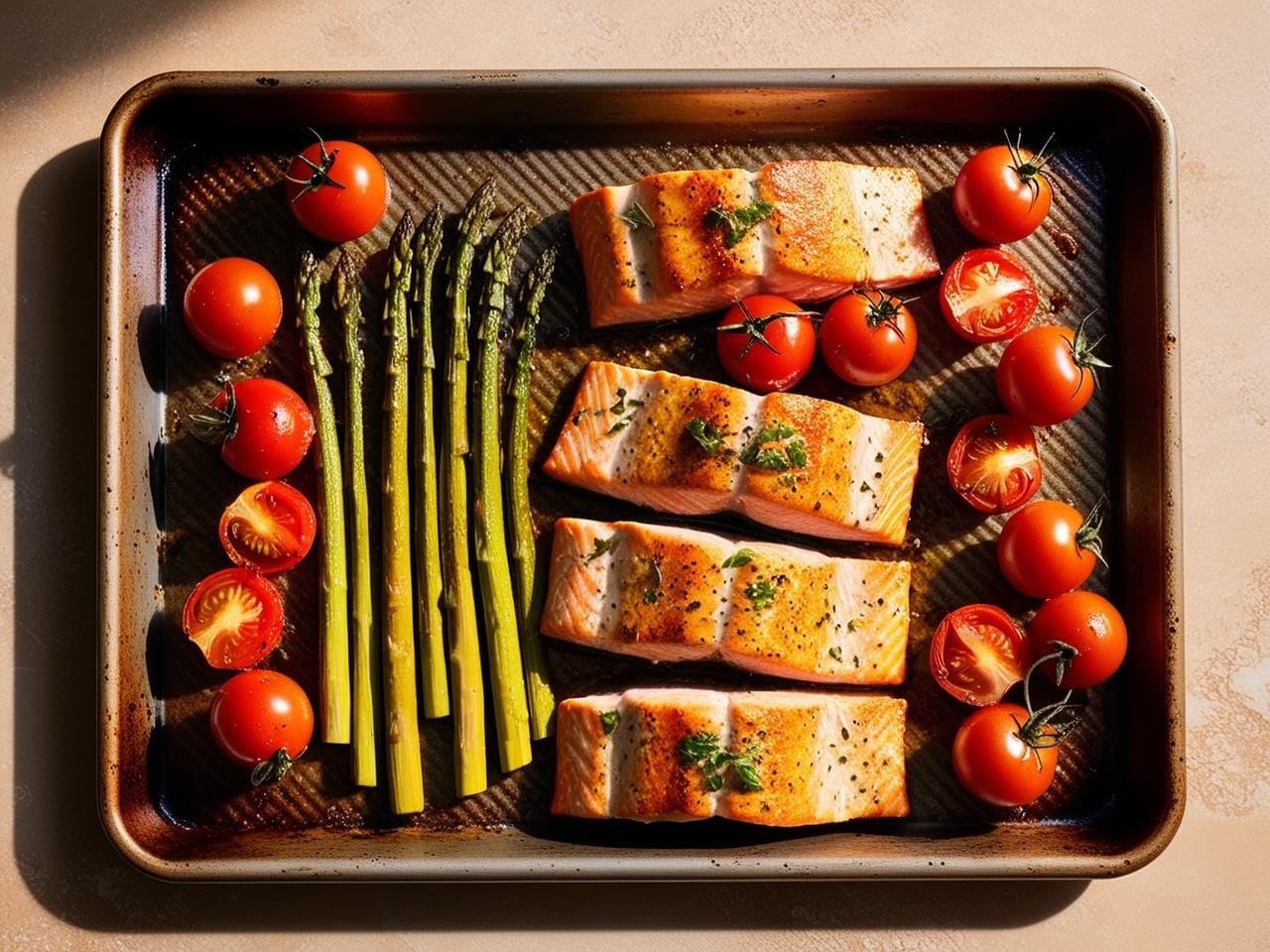 A sheet pan with salmon and vegetables, ready to be served.