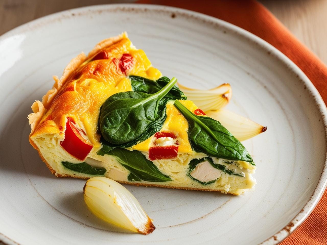 A slice of chicken and vegetable frittata on a plate.