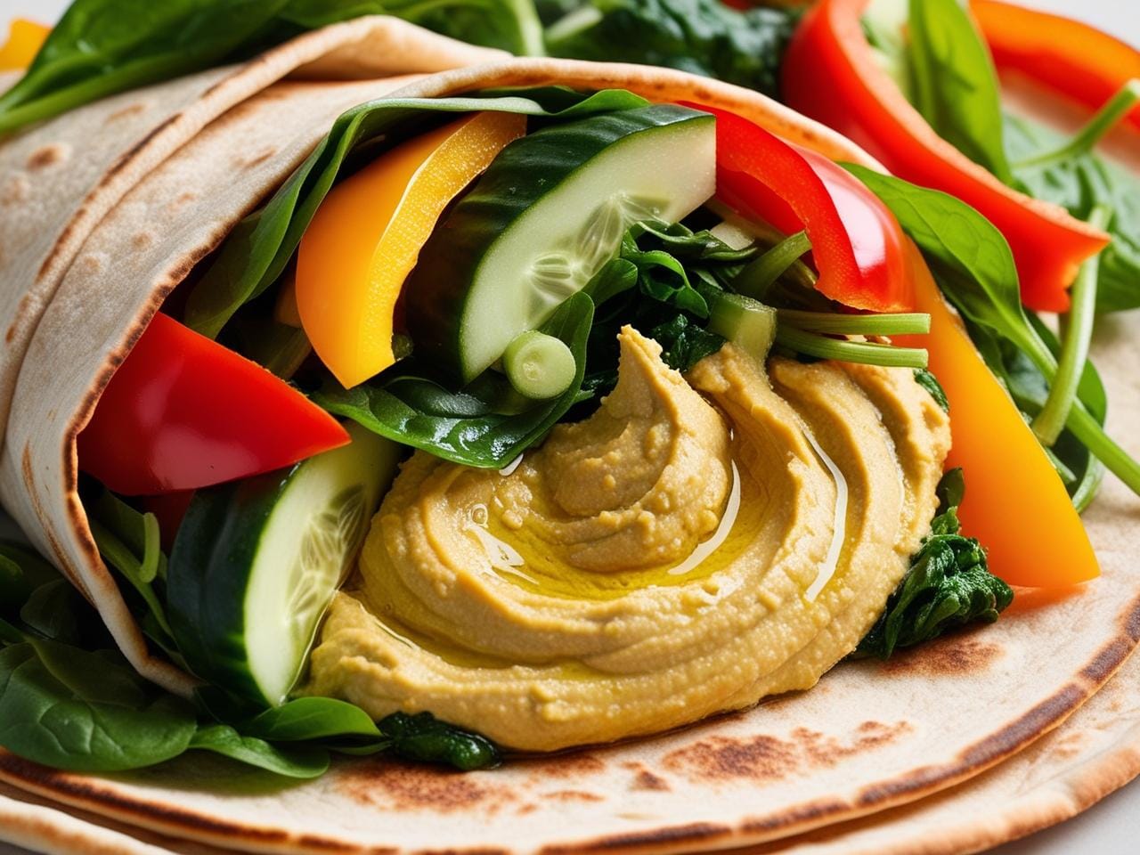 A veggie and hummus wrap with fresh vegetables and feta cheese.