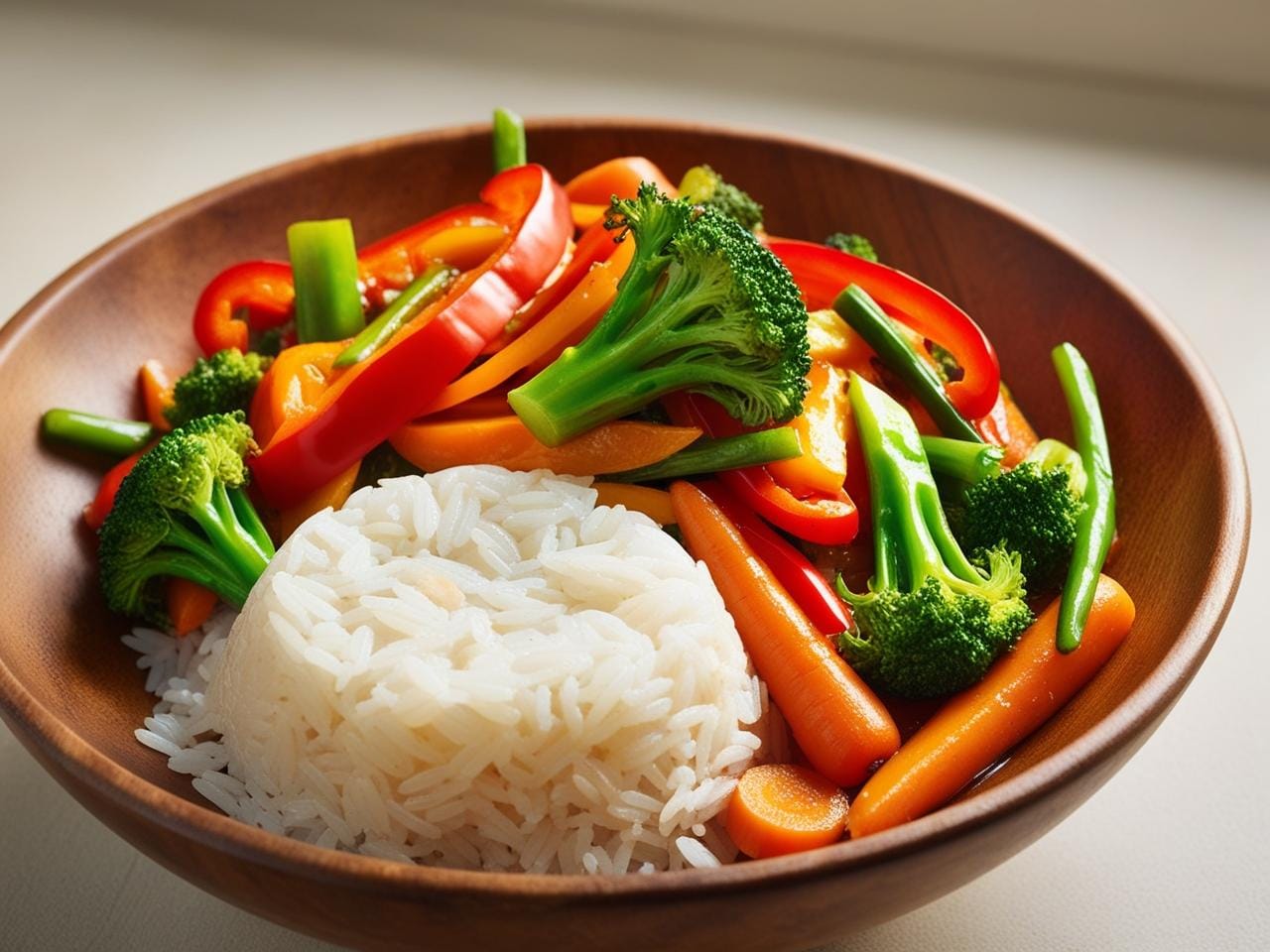 Veggie stir-fry with rice in a bowl. 