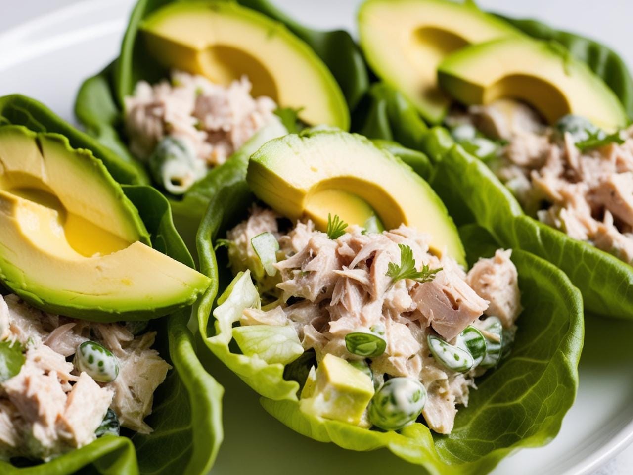 Tuna salad in lettuce wraps with mashed avocado.