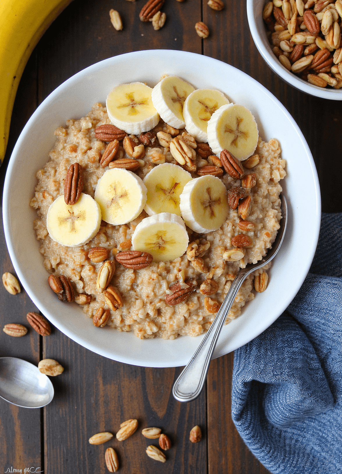 Warm oatmeal topped with fresh banana slices and crunchy nuts, perfect for a healthy breakfast.