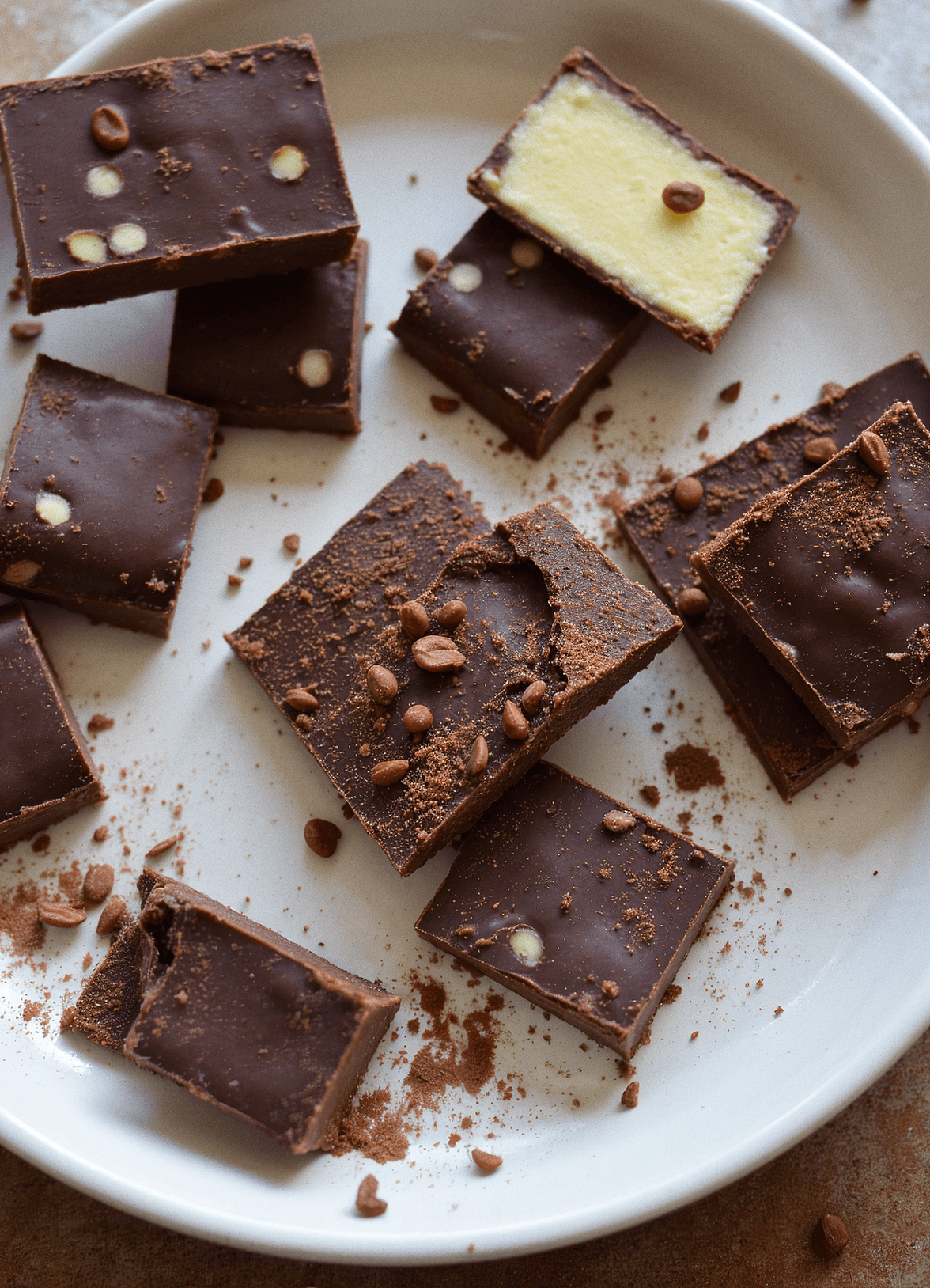 Squares of rich dark chocolate on a white ceramic plate, ready to be enjoyed.