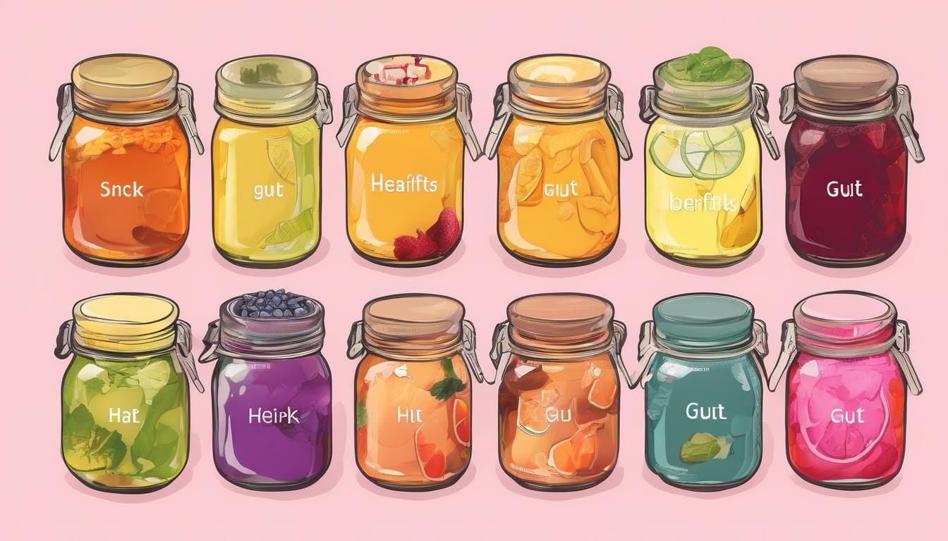Assortment of colorful gut-healing drinks in jars