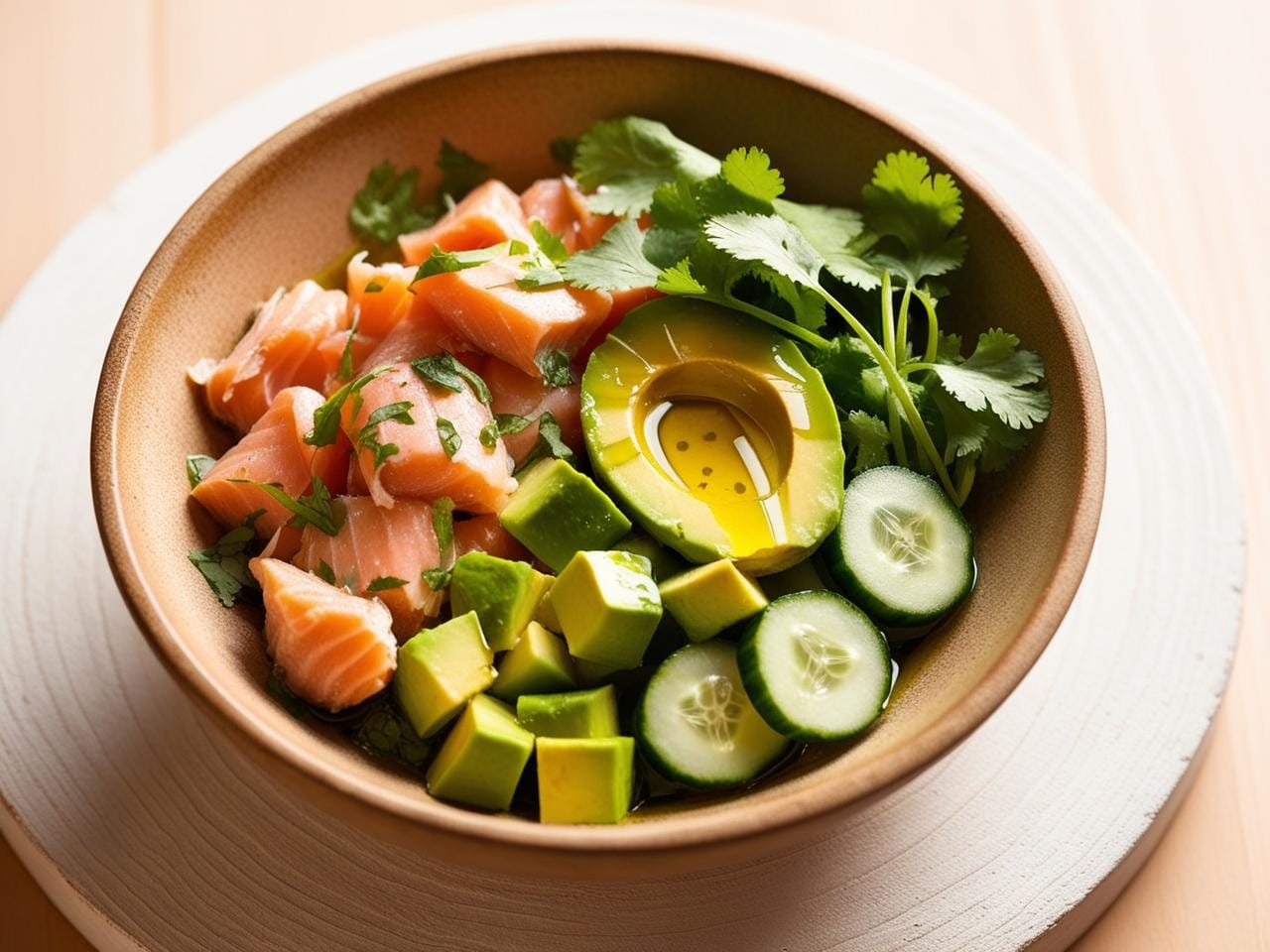 A vibrant Keto Salmon Bowl with flaked canned salmon, avocado, cucumber, olive oil, and cilantro, served in a rustic bowl.