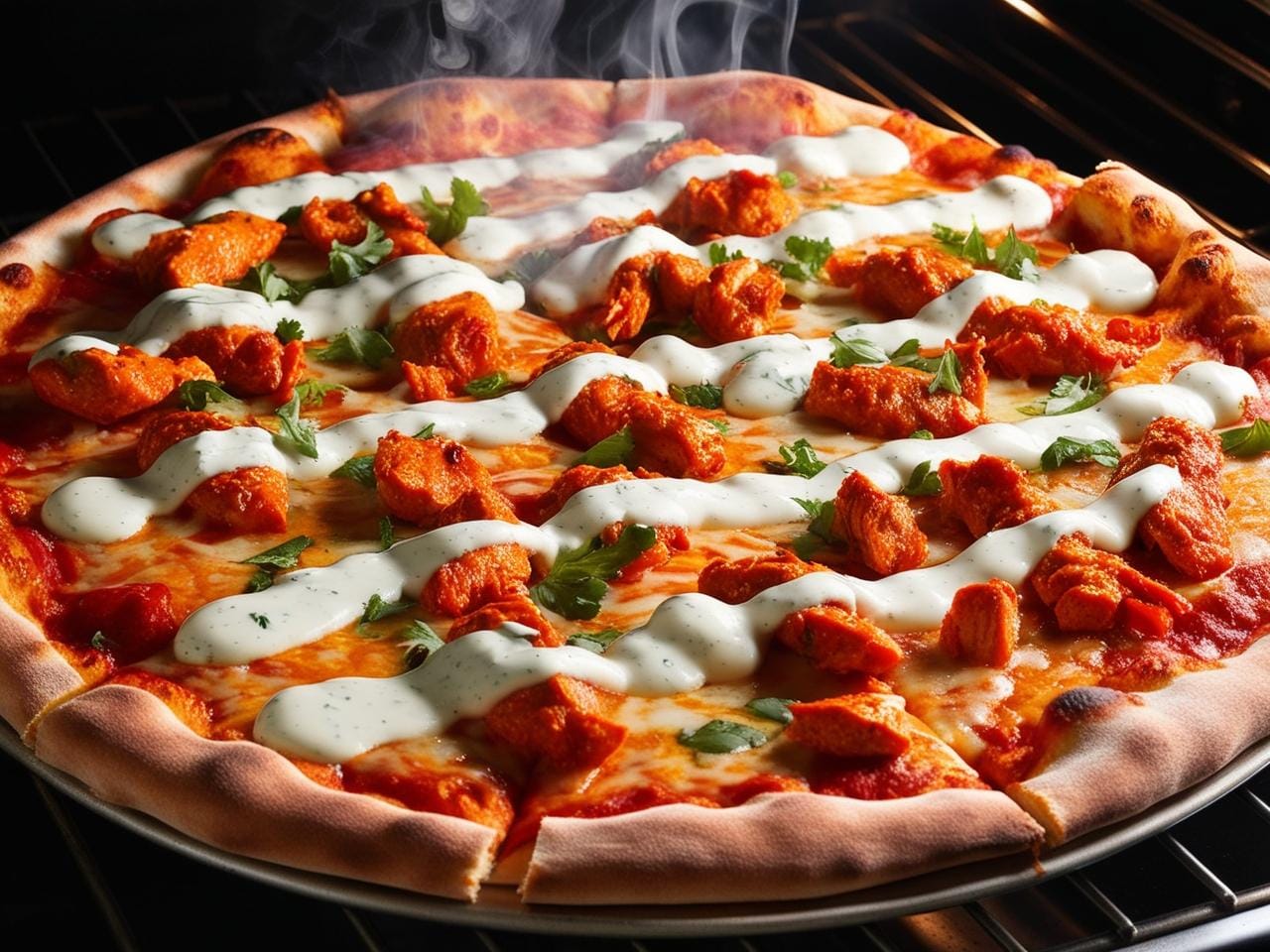 Buffalo chicken pizza topped with mozzarella cheese and drizzled with ranch dressing.