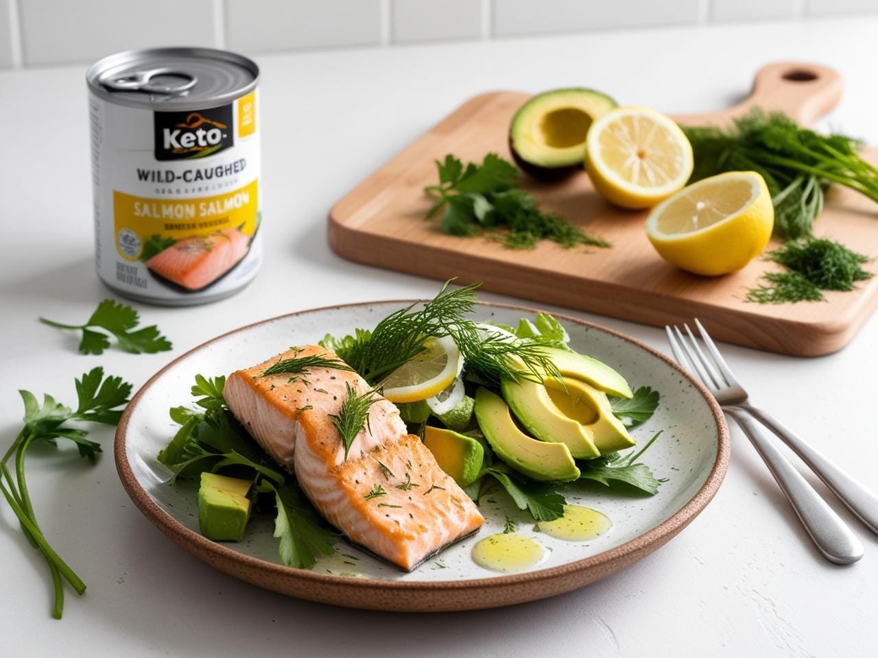 A fresh and vibrant Keto Salmon Salad served with avocado slices, accompanied by a can of salmon and ingredients like dill, lemon, and olive oil, in a modern kitchen setting.