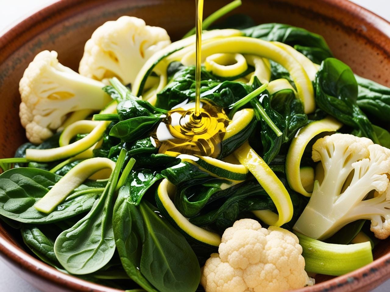 Low-carb vegetables including spinach, zucchini, and cauliflower drizzled with olive oil, ideal for a keto diet.