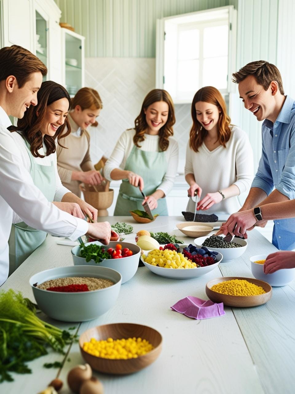 A cozy kitchen scene with diverse people preparing a wholesome meal, featuring fresh vegetables, herbs, and spices, bathed in soft, natural light.