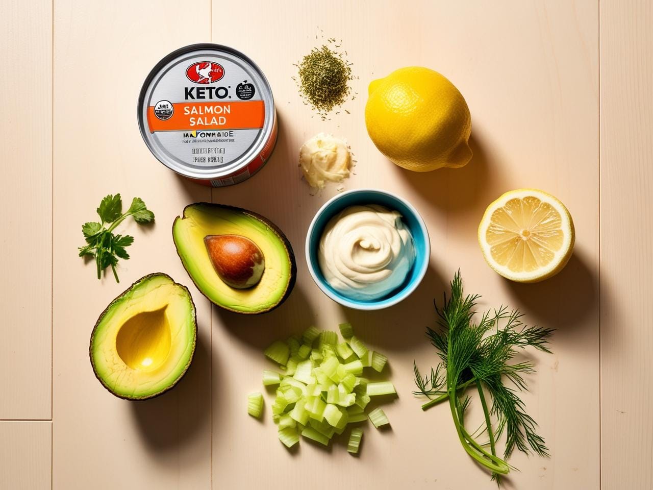 Ingredients for Keto Salmon Salad including canned salmon, avocado, celery, mustard, mayonnaise, lemon, and fresh dill arranged on a wooden surface.