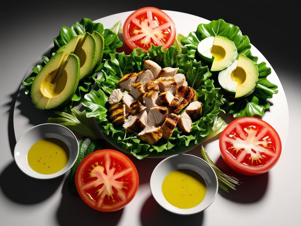 Alt Text: “Grilled Chicken Salad ingredients including avocado, leafy greens, chicken, and cucumber