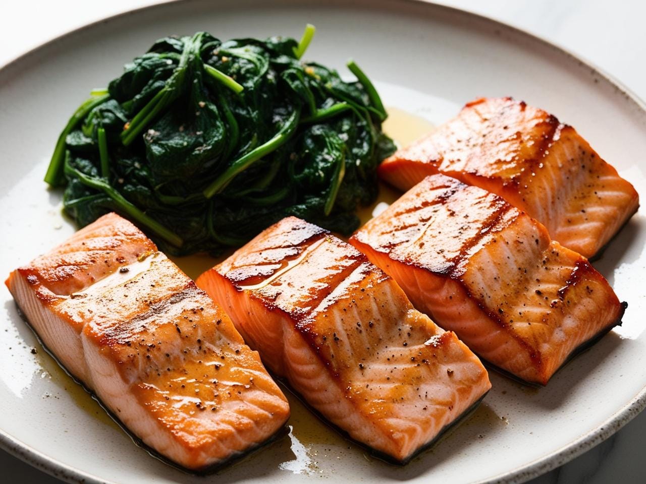 Grilled salmon served with sautéed spinach, a perfect keto meal filled with healthy protein and fats.