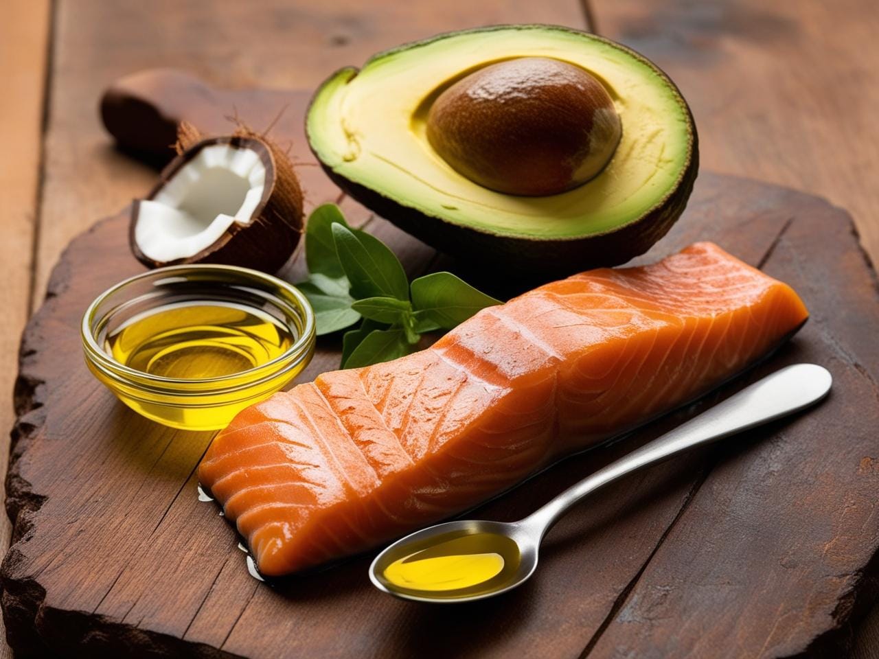 Healthy fats like avocado, olive oil, coconut oil, and salmon, essential ingredients for a keto diet.