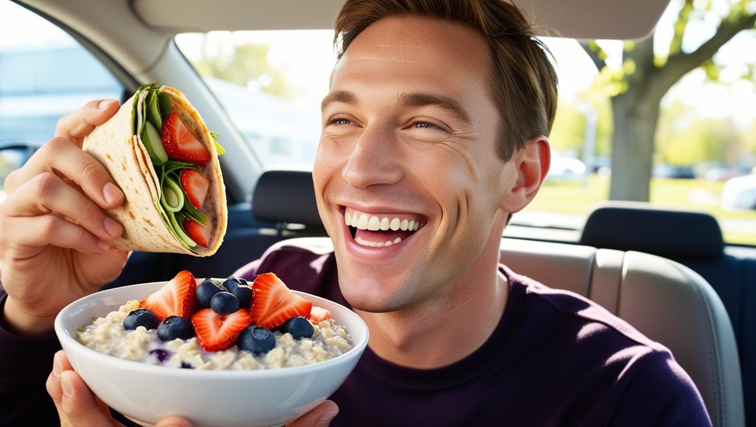 Colorful array of healthy fast food breakfast options, including a whole grain sandwich, a bowl of oatmeal topped with fresh fruits, a yogurt parfait, and a green smoothie.