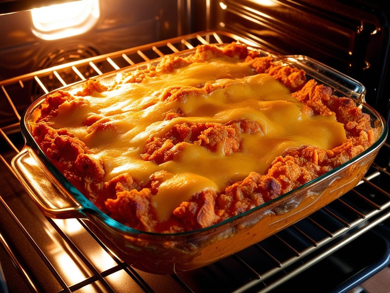 Buffalo chicken casserole with melted cheese and golden crust.
