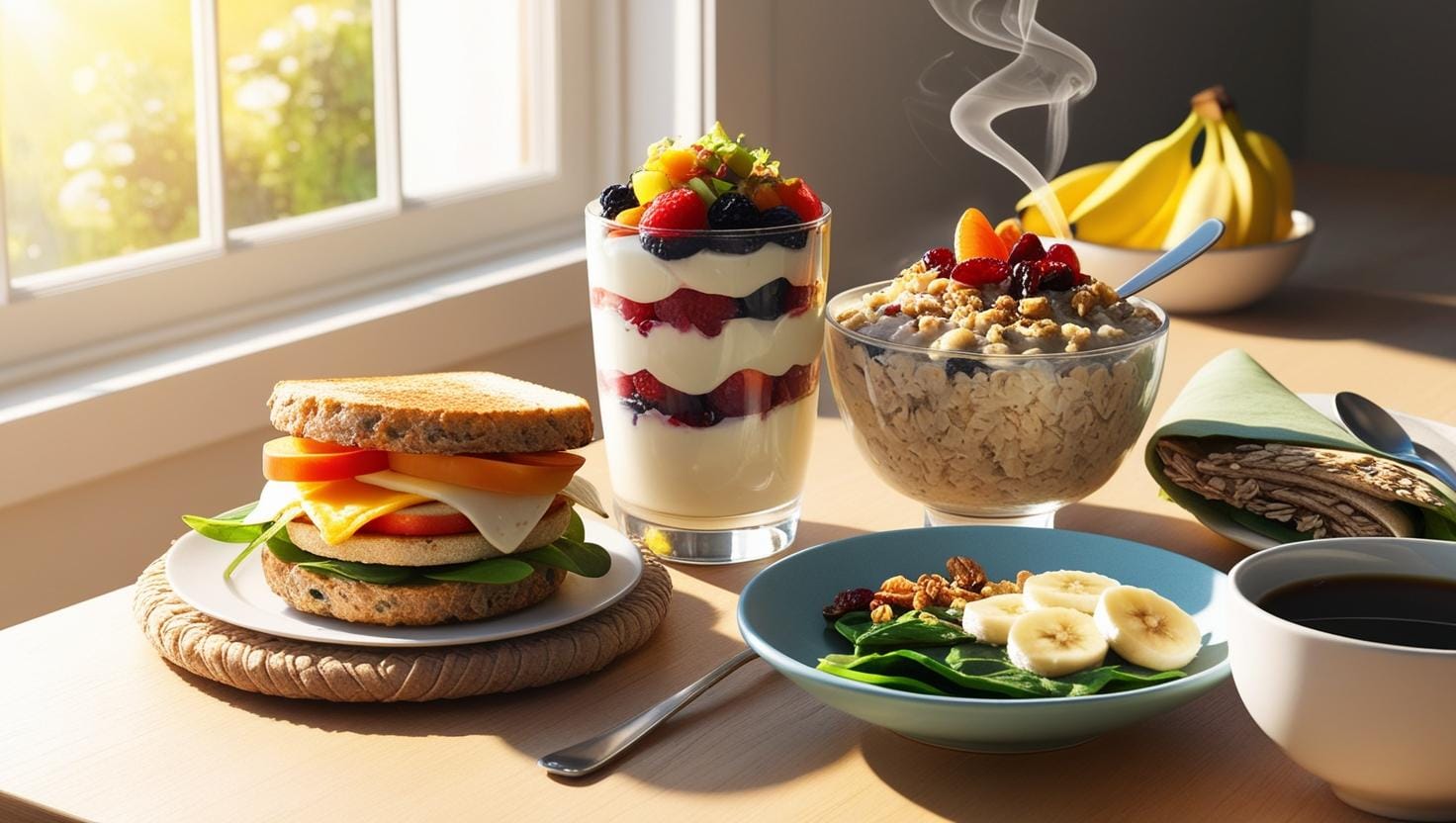 Healthy fast food breakfast spread with egg white sandwich, Greek yogurt parfait, oatmeal with fruit and nuts, and whole grain wrap on a sunny morning table.