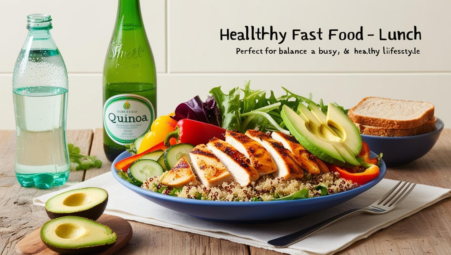 Healthy fast food lunch featuring a grilled chicken salad with quinoa, fresh veggies, avocado, and whole-grain bread, ideal for a quick and nutritious meal on the go.