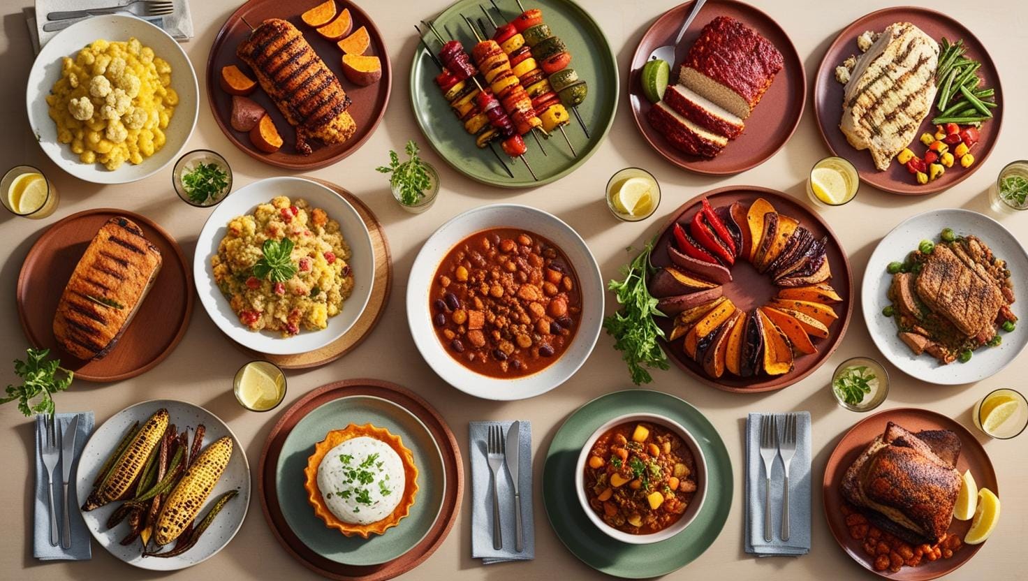 Healthy versions of classic American dinners including mac and cheese with cauliflower, grilled BBQ chicken with veggies, turkey meatloaf, and stuffed peppers served on a rustic family dinner table.
