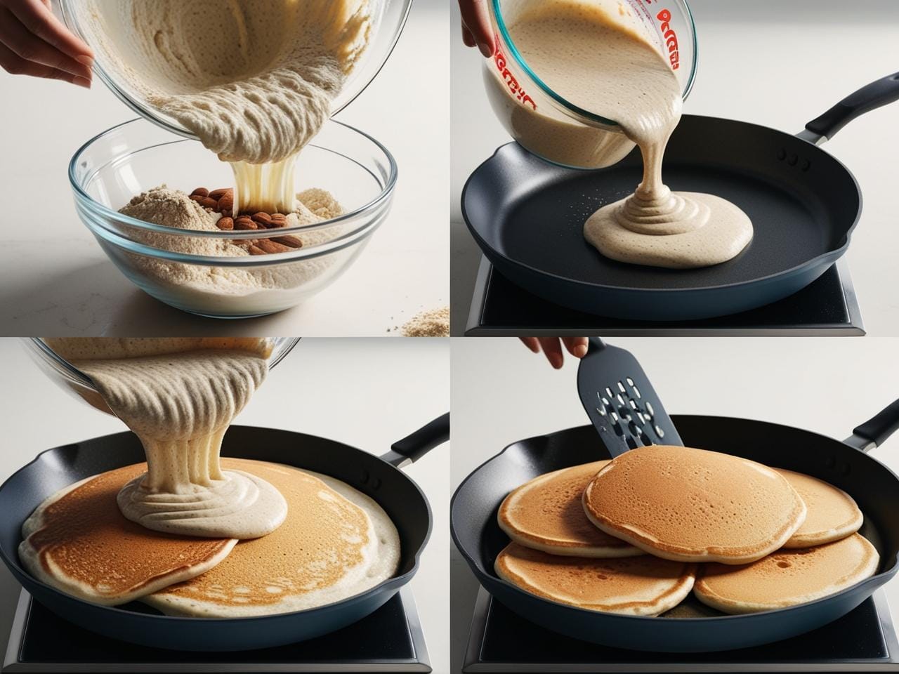 Step-by-step process of making healthy pancakes with almond flour and protein powder
