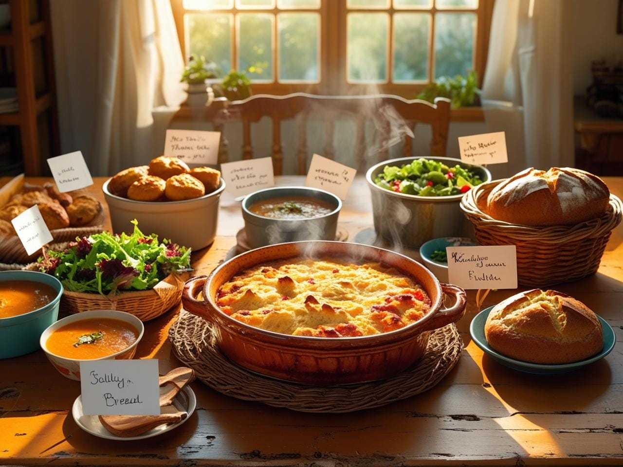 Homemade casserole, soup, and baked goods packed for a meal train delivery, displayed on a cozy kitchen table with handwritten labels.