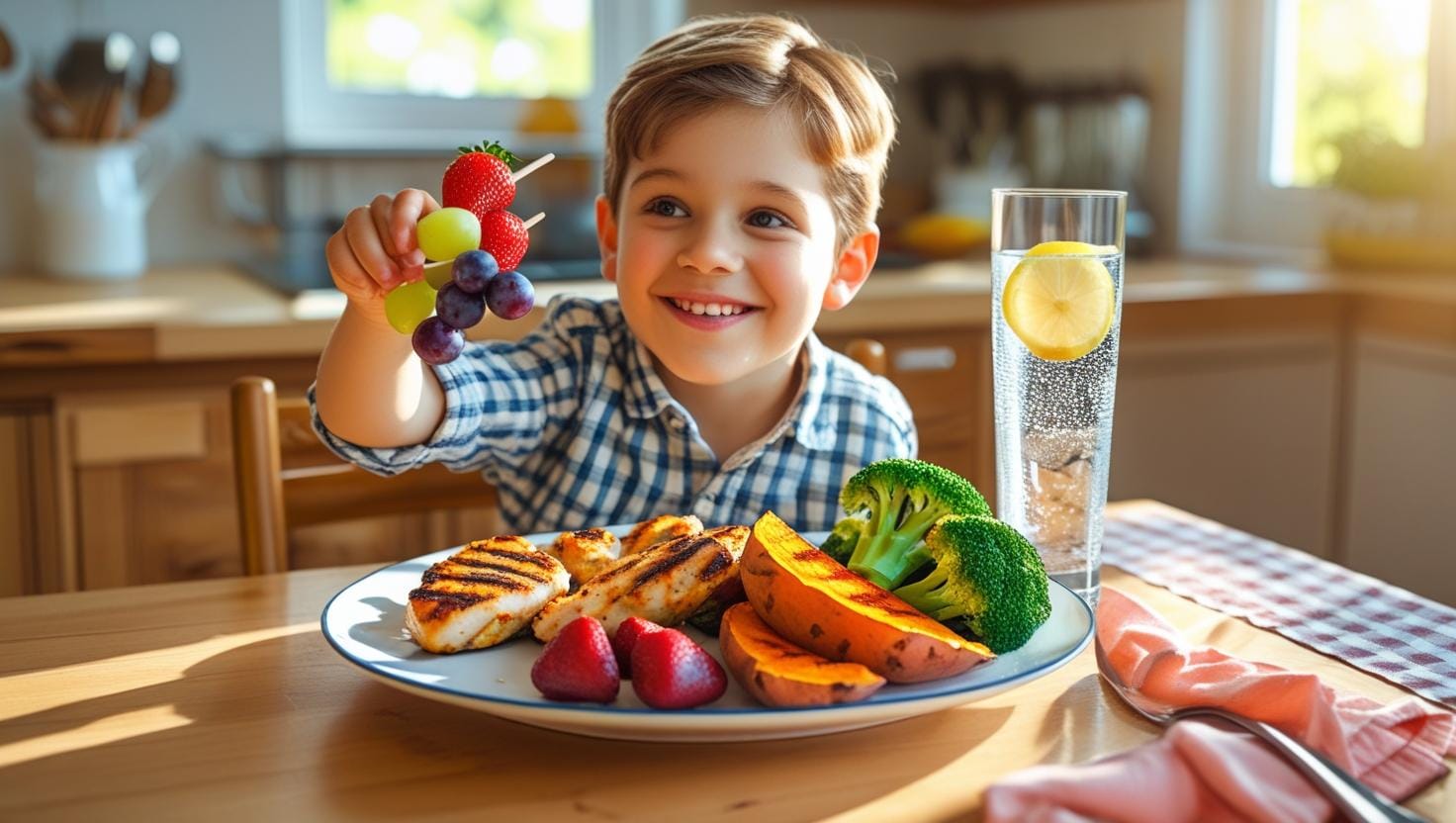 Healthy meals for kids – colorful plate with chicken, broccoli, sweet potato, and fruit kabobs served on a kitchen table with a smiling child reaching for food.