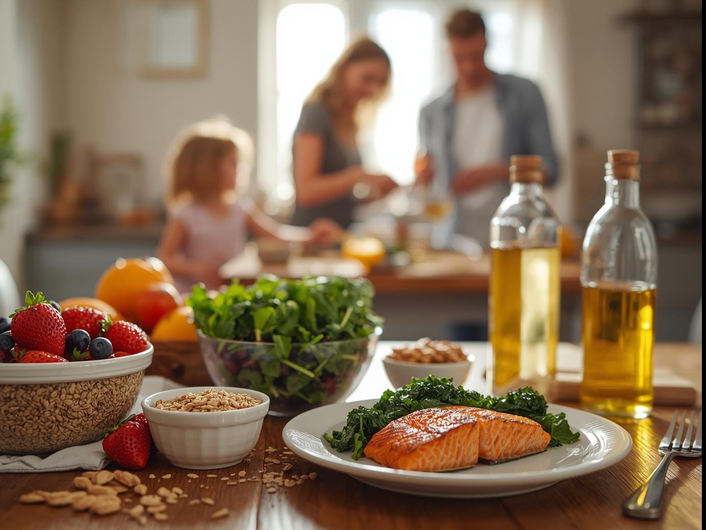 Healthy heart-friendly foods including salmon, fruits, vegetables, whole grains, and olive oil on a table, inspired by the American Heart Association diet.
