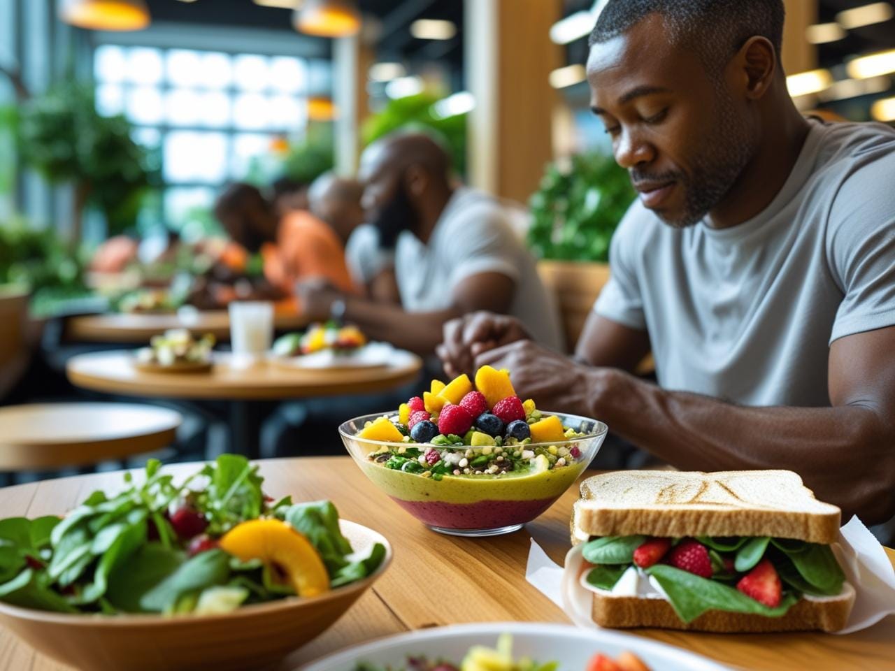 Assortment of plant-based and vegan meals at a wholesome food court.